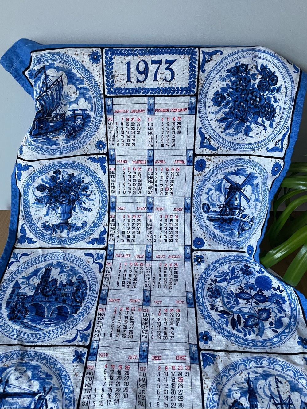 Vintage 1973 Blue & White Delft-Style Calendar Tea Dish Towel